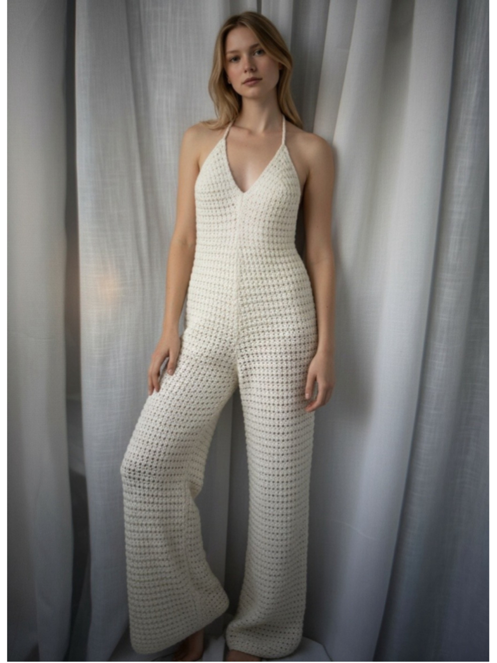 Mars The Label The Crochet Fishtail Jumpsuit Cream Size Large Wide Leg Halter